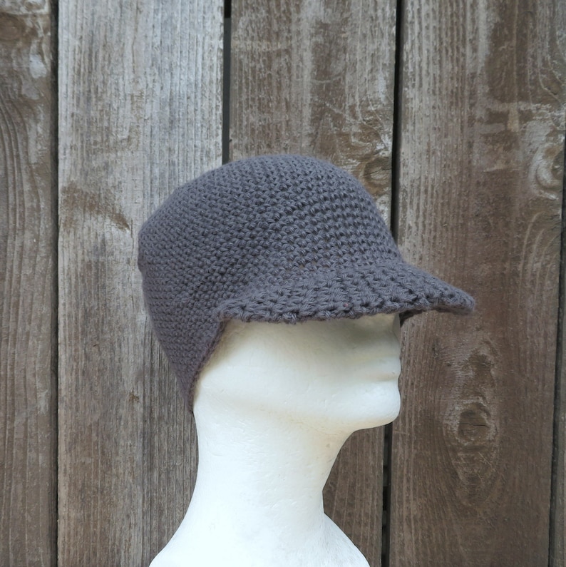 men's summer visor beanie, slate gray cotton linen hat, crochet brimmed cap, made to order image 4
