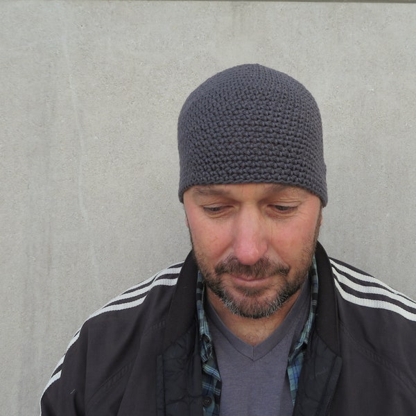 men's cotton beanie, slate gray crochet beanie