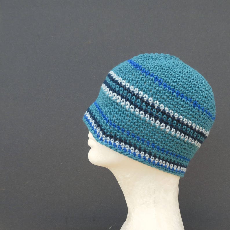 men's summer beanie, ocean blue cotton linen skull cap, crochet beanie image 6