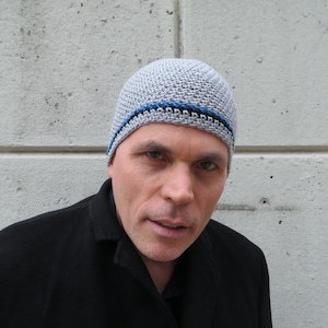 men&#39;s summer beanie, silver gray cotton linen hat, crochet lightweight skull cap