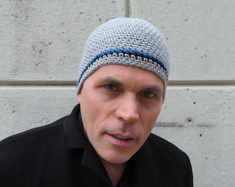 men's summer beanie, silver gray cotton linen hat, crochet lightweight skull cap