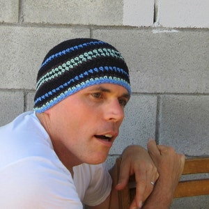 men&#39;s summer beanie, crochet cotton linen beanie, black mint stripe hat
