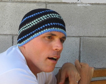 men's summer beanie, crochet cotton linen beanie, black mint stripe hat