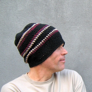 men's cotton slouchy hat, crochet black burgundy striped long beanie