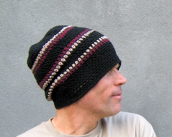 men's cotton slouchy hat, crochet black burgundy striped long beanie