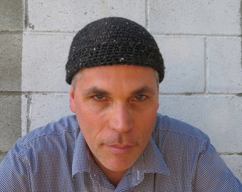 men's docker cap, charcoal tweed wool dock beanie, crochet watch hat