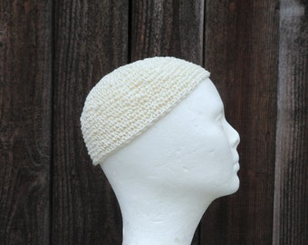 men's hemp kippah, off-white crochet kufi, extra short cap