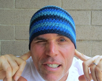 men's summer beanie, crochet cotton linen hat, shades of blue striped beanie