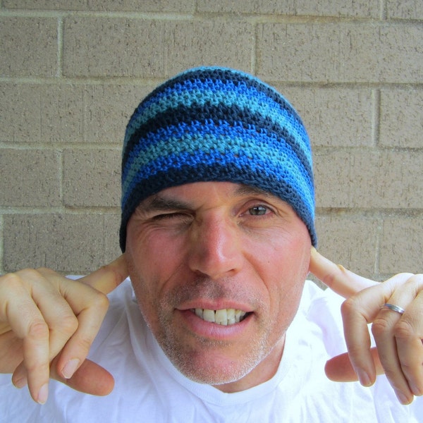 men's summer beanie, crochet cotton linen hat, shades of blue striped beanie