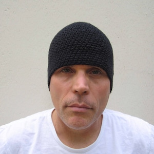 black linen cotton crochet beanie: lightweight summer skull cap