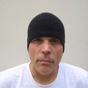 men's summer beanie, simply black linen cotton hat, lightweight crochet skull cap, gift for men