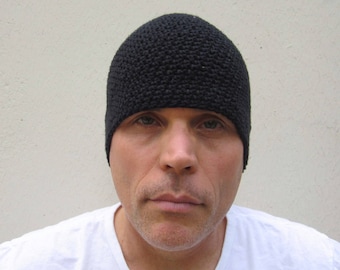 men's summer beanie, simply black linen cotton hat, lightweight crochet skull cap, gift for men