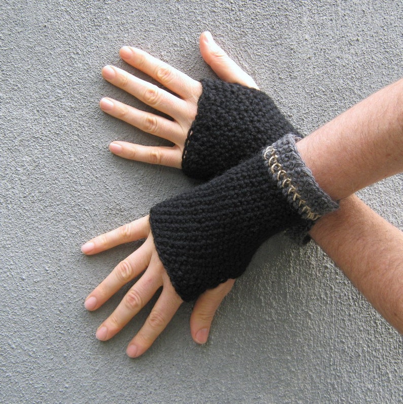 men's fingerless gloves, black wool hemp gloves, crochet short armwarmers image 2