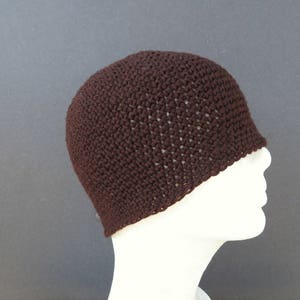 men's summer beanie, linen cotton skull cap, espresso brown crochet hat image 3
