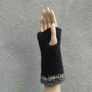 men's fingerless gloves, black wool hemp gloves, crochet short armwarmers image 4