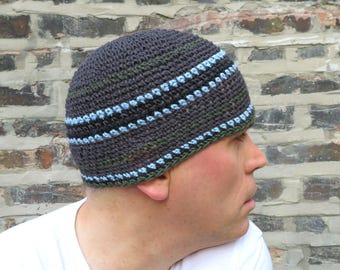 men's hemp beanie, charcoal grey stripe crochet skull cap, made to order