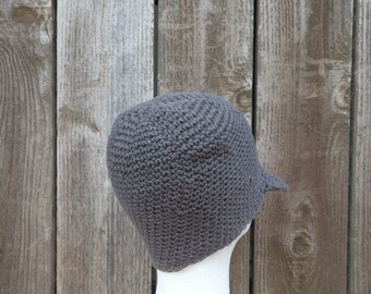 Men's Crochet Visor Beanie: Slate Gray Cotton Linen Brimmed