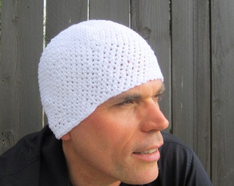men's kundalini yoga cap, pure white cotton crochet beanie