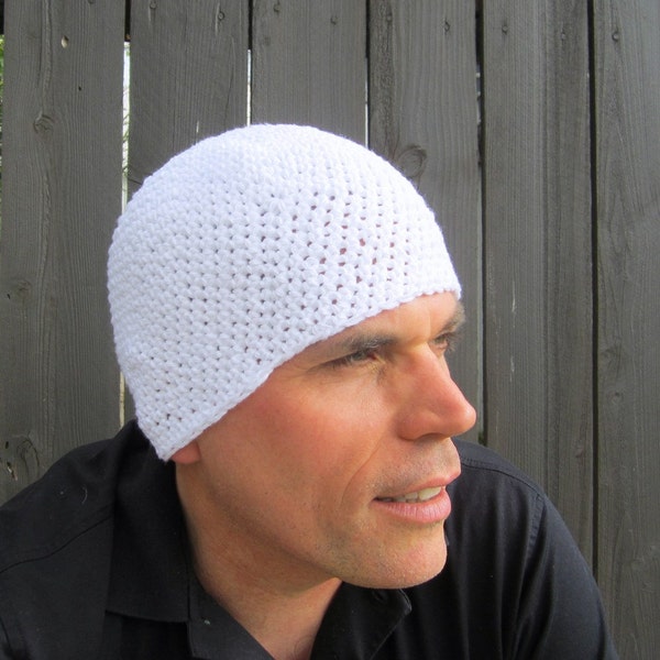 men's kundalini yoga cap, pure white cotton crochet beanie