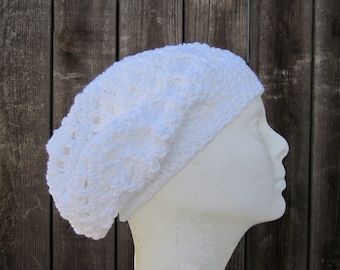 cotton kundalini cap, pure white crochet slouchy hat: women's beret with lace detail
