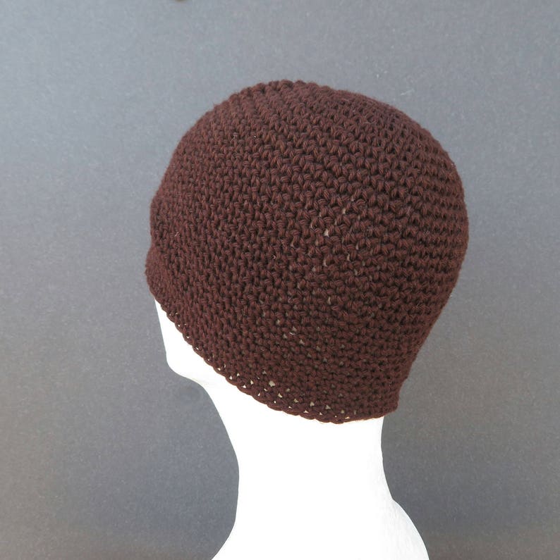 men's summer beanie, linen cotton skull cap, espresso brown crochet hat image 5