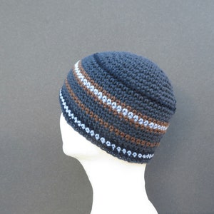 men's cotton kufi, denim brown stripe skull cap, crochet short beanie image 3