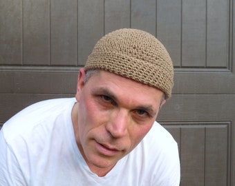hand crocheted cotton linen docker cap - khaki summer dock beanie