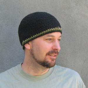men's black beanie, cotton hemp skull cap, crochet short beanie