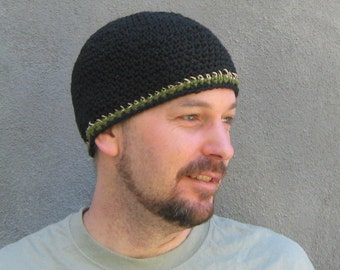 men's black beanie, cotton hemp skull cap, crochet short beanie