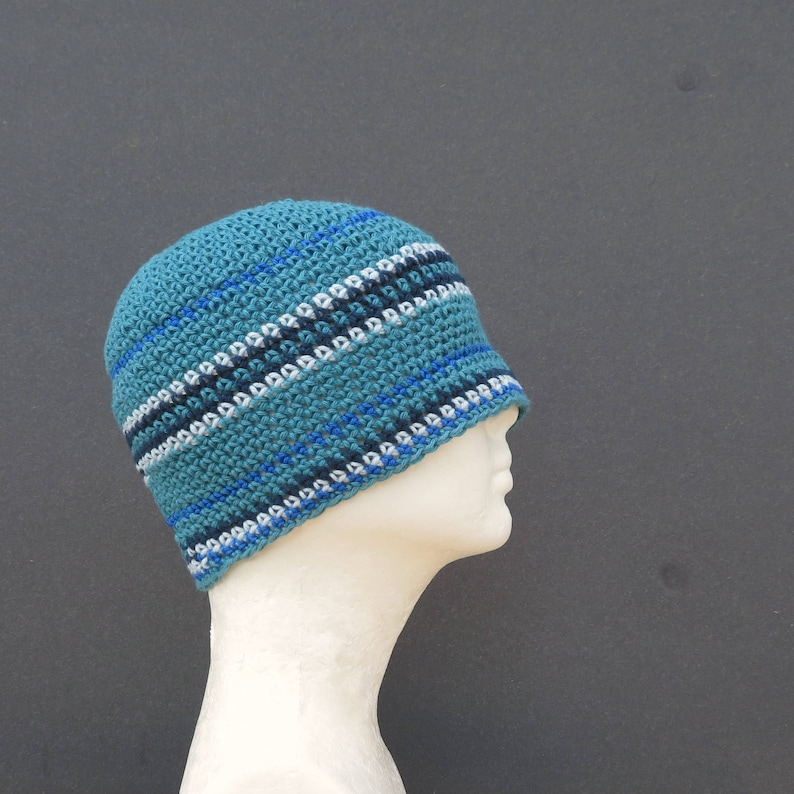 men's summer beanie, ocean blue cotton linen skull cap, crochet beanie image 5