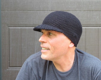 men's summer visor beanie, simply black cotton linen hat, crochet brimmed cap, made to order