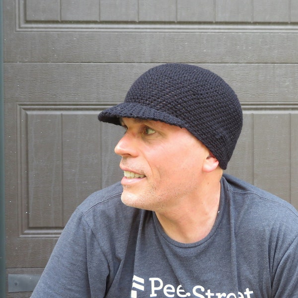 men's summer visor beanie, simply black cotton linen hat, crochet brimmed cap, made to order