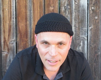 men's docker cap, simply black wool watch cap, crochet winter hat