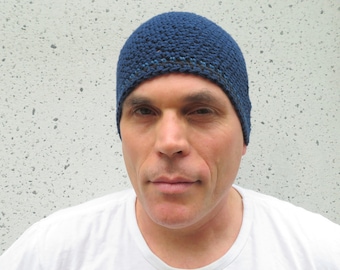 men's cotton beanie, deep navy blue crochet beanie