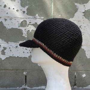men's summer visor beanie, black cotton linen hemp hat, crochet brimmed beanie, made to order image 3