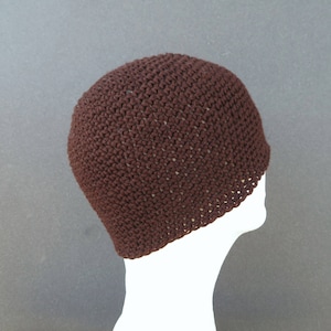 men's summer beanie, linen cotton skull cap, espresso brown crochet hat image 4