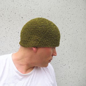 men's hemp beanie, khaki green crochet beanie, made to order