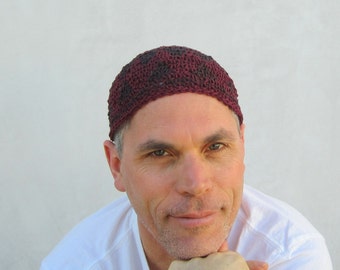 men&#39;s hemp kufi, merlot brown zigzag hat: hand crocheted cap