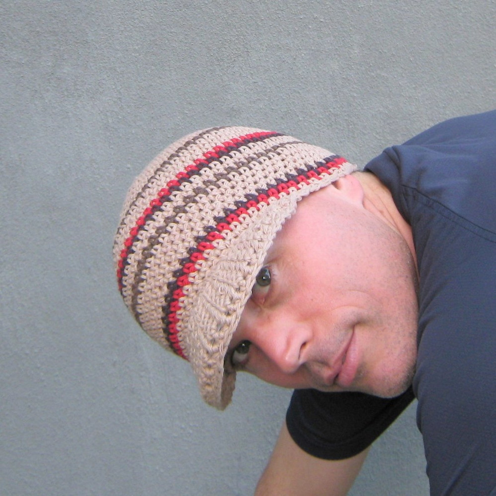 Men's visor beanie/ khaki cotton crochet Etsy