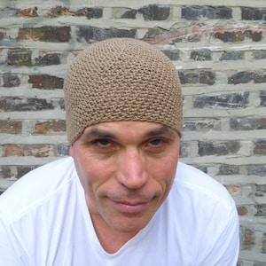 men&#39;s summer beanie: khaki linen cotton hat, hand crocheted lightweight beanie