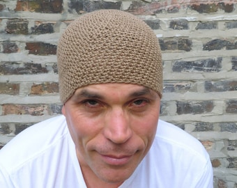 men's summer beanie, khaki linen cotton hat, crochet lightweight beanie