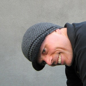 men's visor beanie, stormy gray wool cap, crochet winter hat, made to order image 4