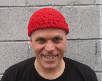 men's docker hat, rich red wool watch cap, crochet winter beanie