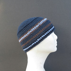men&#39;s cotton kufi, denim brown stripe skull cap, crochet short beanie
