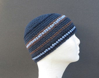 men's cotton kufi, denim brown stripe skull cap, crochet short beanie