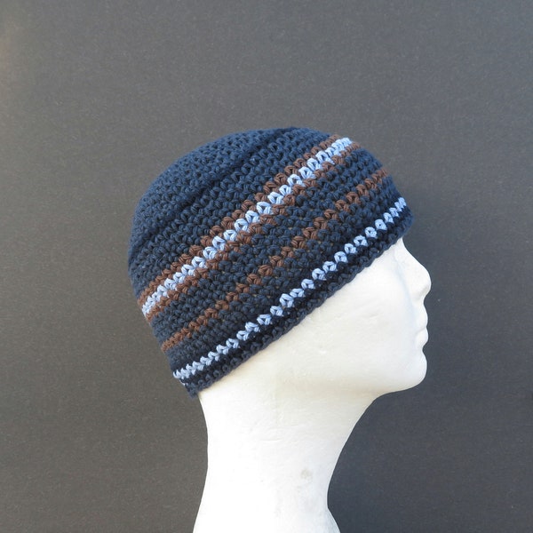 men's cotton kufi, denim brown stripe skull cap, crochet short beanie