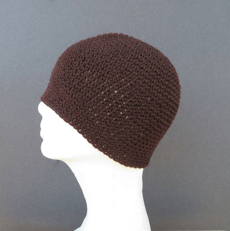 men's summer beanie, linen cotton skull cap, espresso brown crochet hat image 6