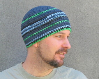 mens cotton beanie, denim blue green striped hat, crochet skull cap