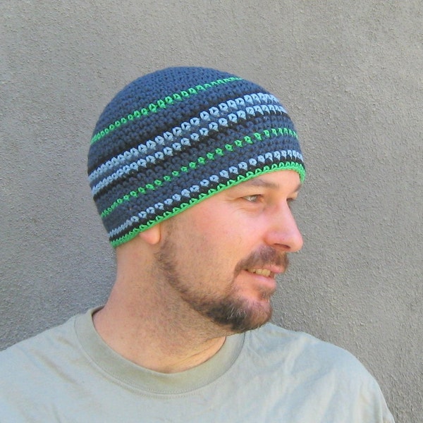 mens cotton beanie, denim blue green striped hat, crochet skull cap