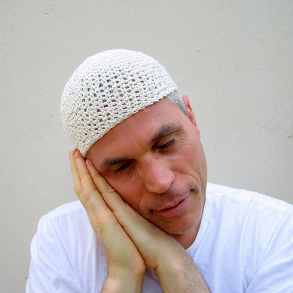 hand crocheted hemp kufi: off-white men's cap, extra short beanie